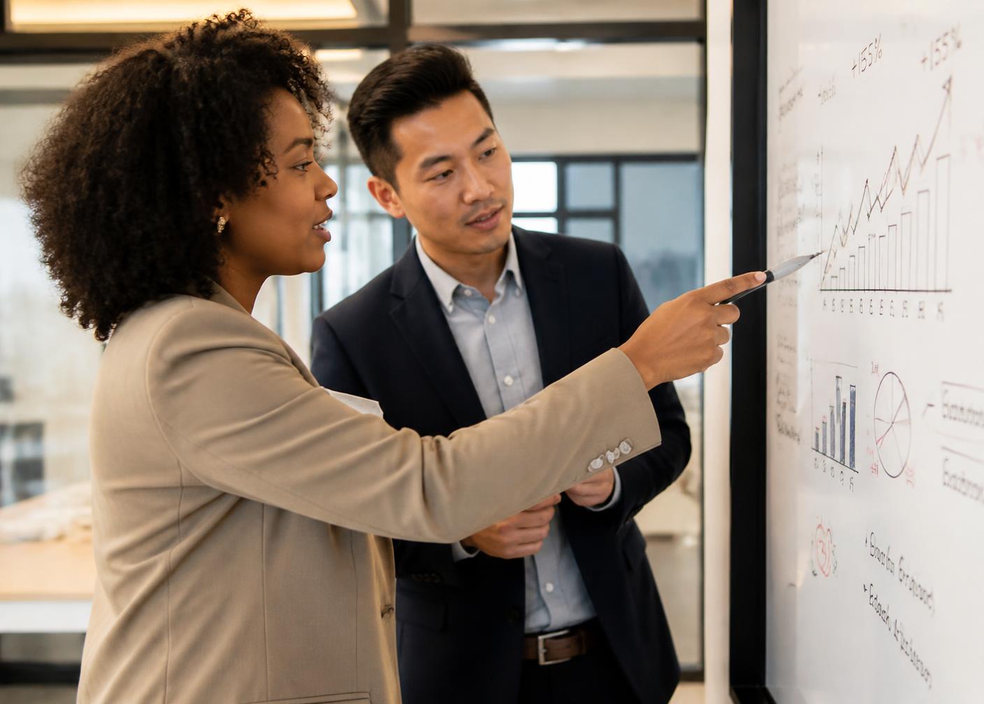 Two WealthBridge consultants mapping growth metrics on a whiteboard
